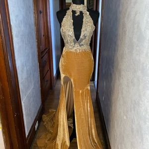 Gold Velvet Prom Dress Backless